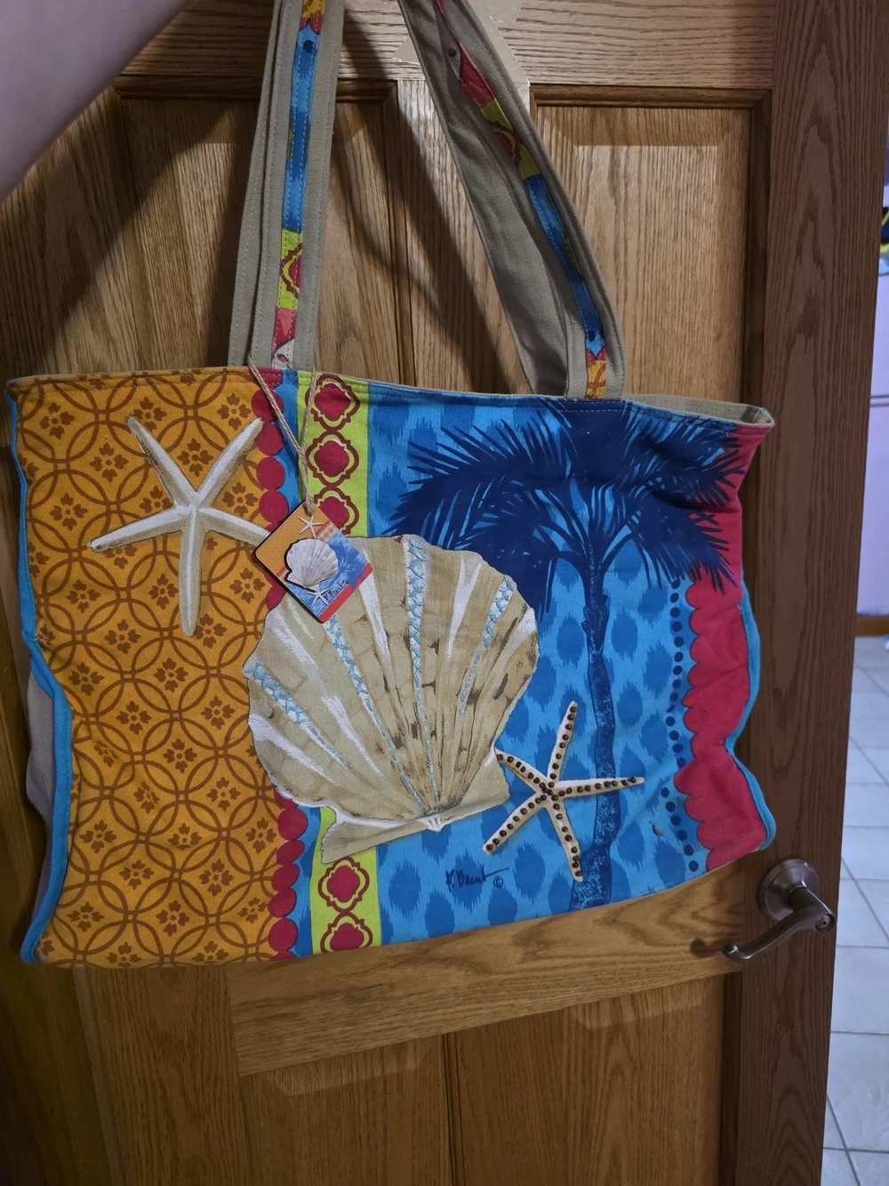 Beach Shell Canvas Tote Bag in Blue, Yellow & Pink